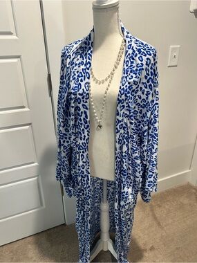 Blue Leopard Print Open Front Women's Duster Coat